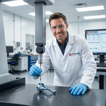 Technician inspecting a precision-machined medical device component with CMM equipment