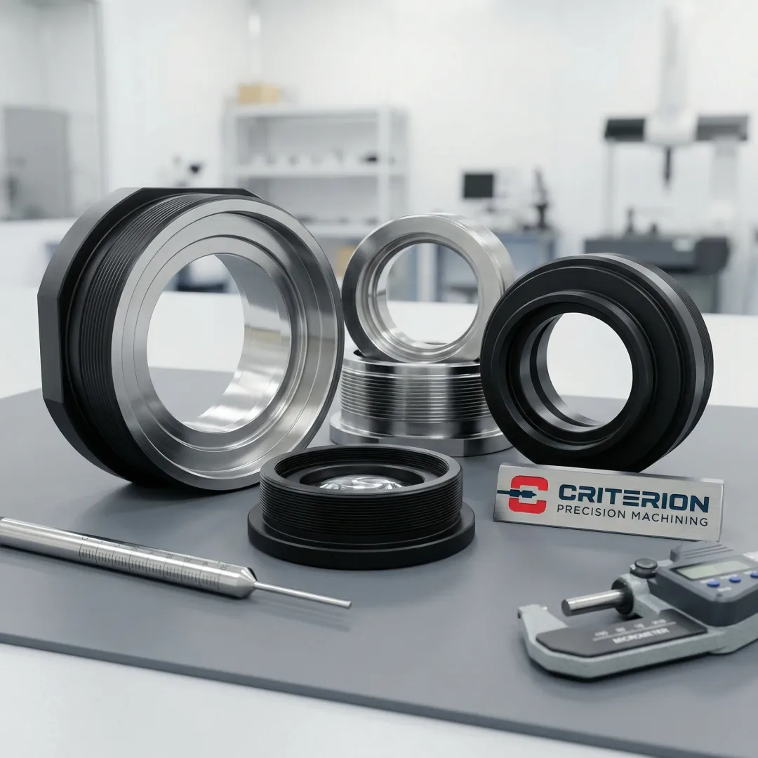 Precision machined optical lens mount and housing components arranged on an inspection surface in a machine shop