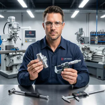 Precision machinist inspecting a tight tolerance CNC machined metal component under magnification