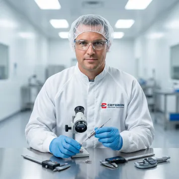 Technician inspecting a precision-machined catheter component under magnification in a cleanroom environment