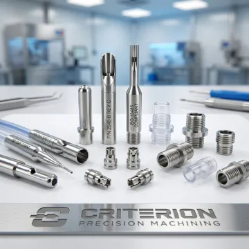 Precision-machined catheter components on an inspection surface at a medical device machining facility