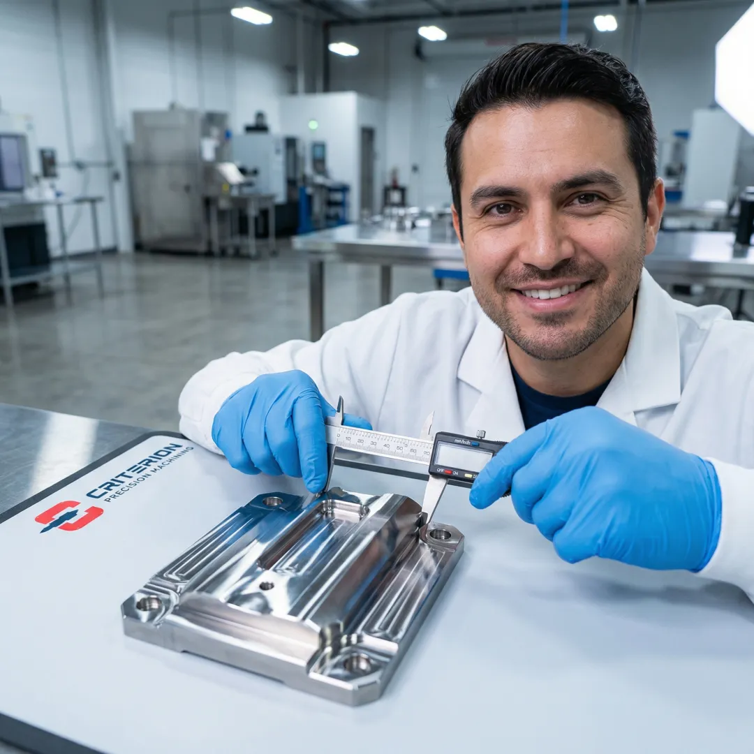 Close-up of a precision machined titanium aerospace component held by a quality technician