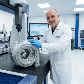 Precision aerospace machined parts being measured with a CMM coordinate measurement machine in a quality inspection lab.