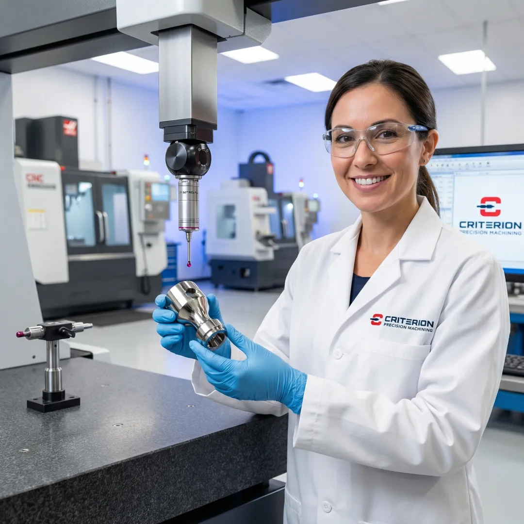 Quality inspector measuring a precision medical component with CMM equipment