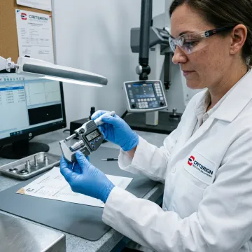Technician inspecting CNC turned metal parts