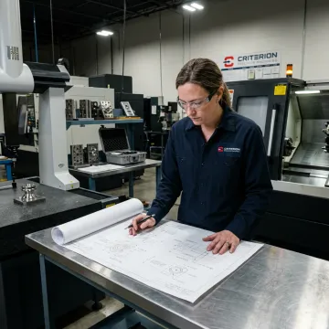 Engineer reviewing aerospace part drawings near CNC and inspection equipment