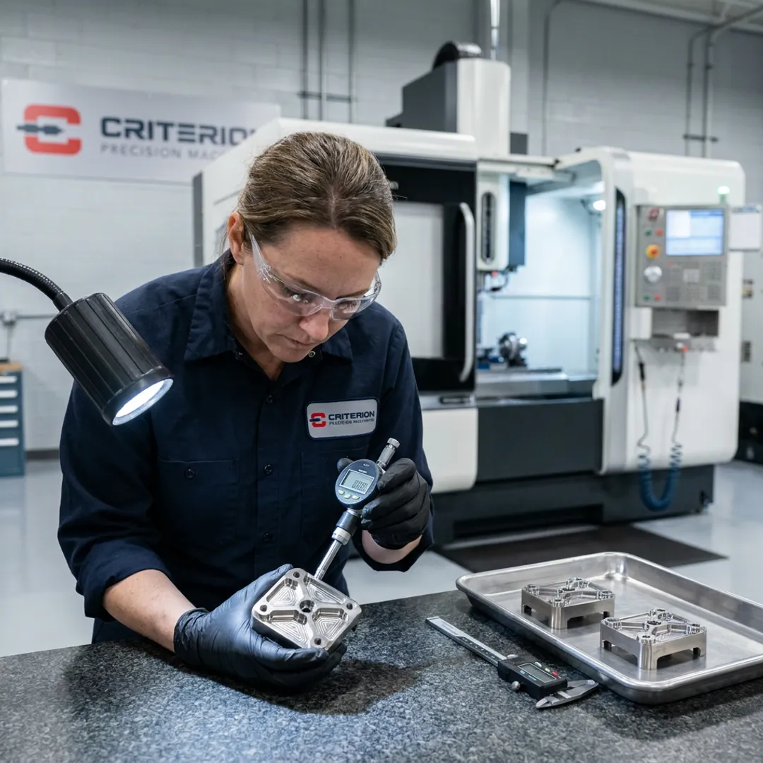 CNC machinist inspecting precision milled OEM parts