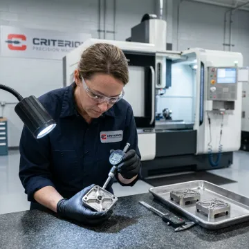 CNC machinist inspecting precision milled OEM parts