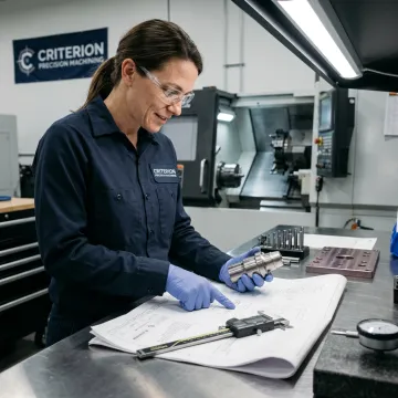 Engineer reviewing CNC prototype drawings near machining center