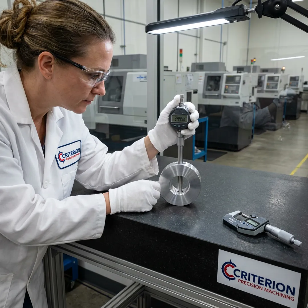 Machinist inspecting precision optical component