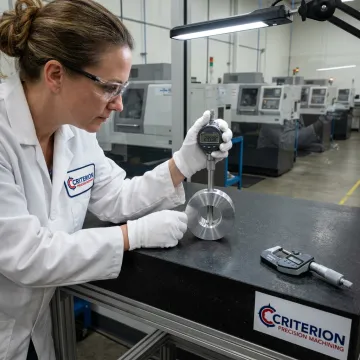 Machinist inspecting precision optical component