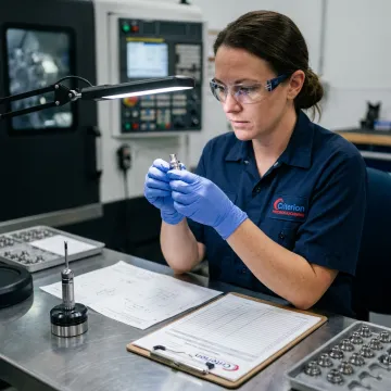 Technician inspecting precision medical components