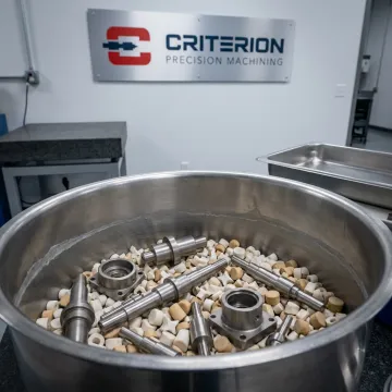 Precision machined parts being deburred and surface finished