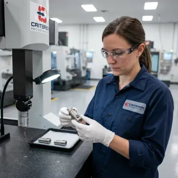 Technician inspecting deburred aerospace component