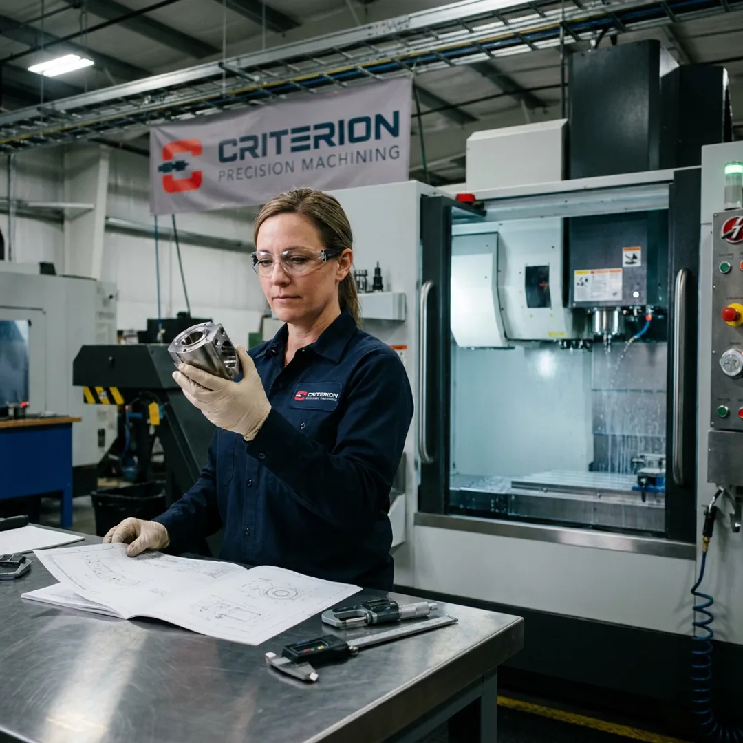 CNC machinist inspecting precision metal components
