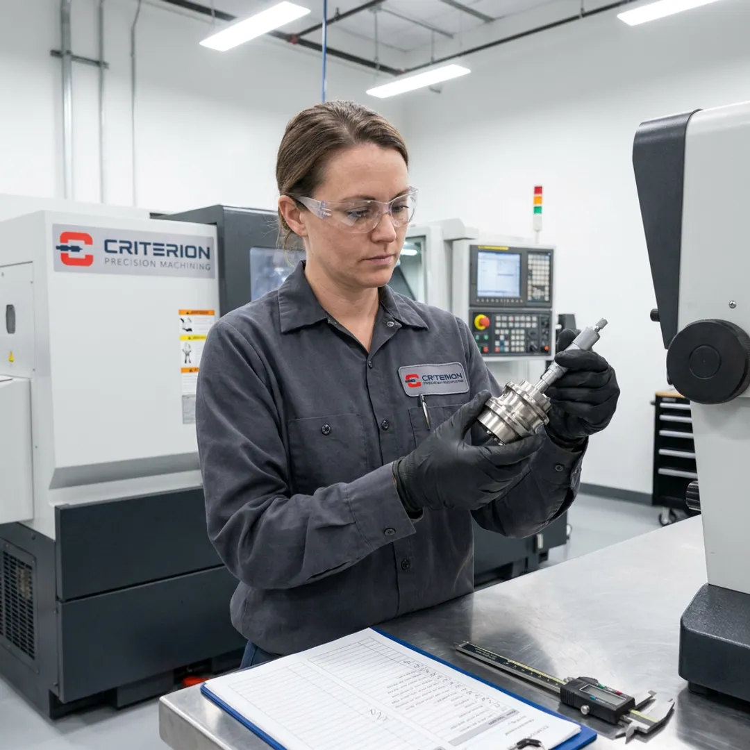Precision machinist inspecting aerospace component