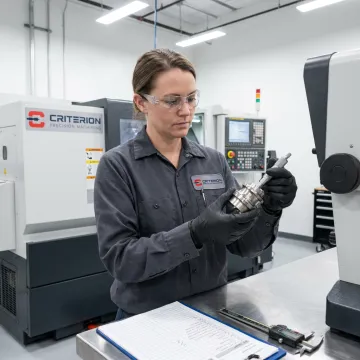 Precision machinist inspecting aerospace component
