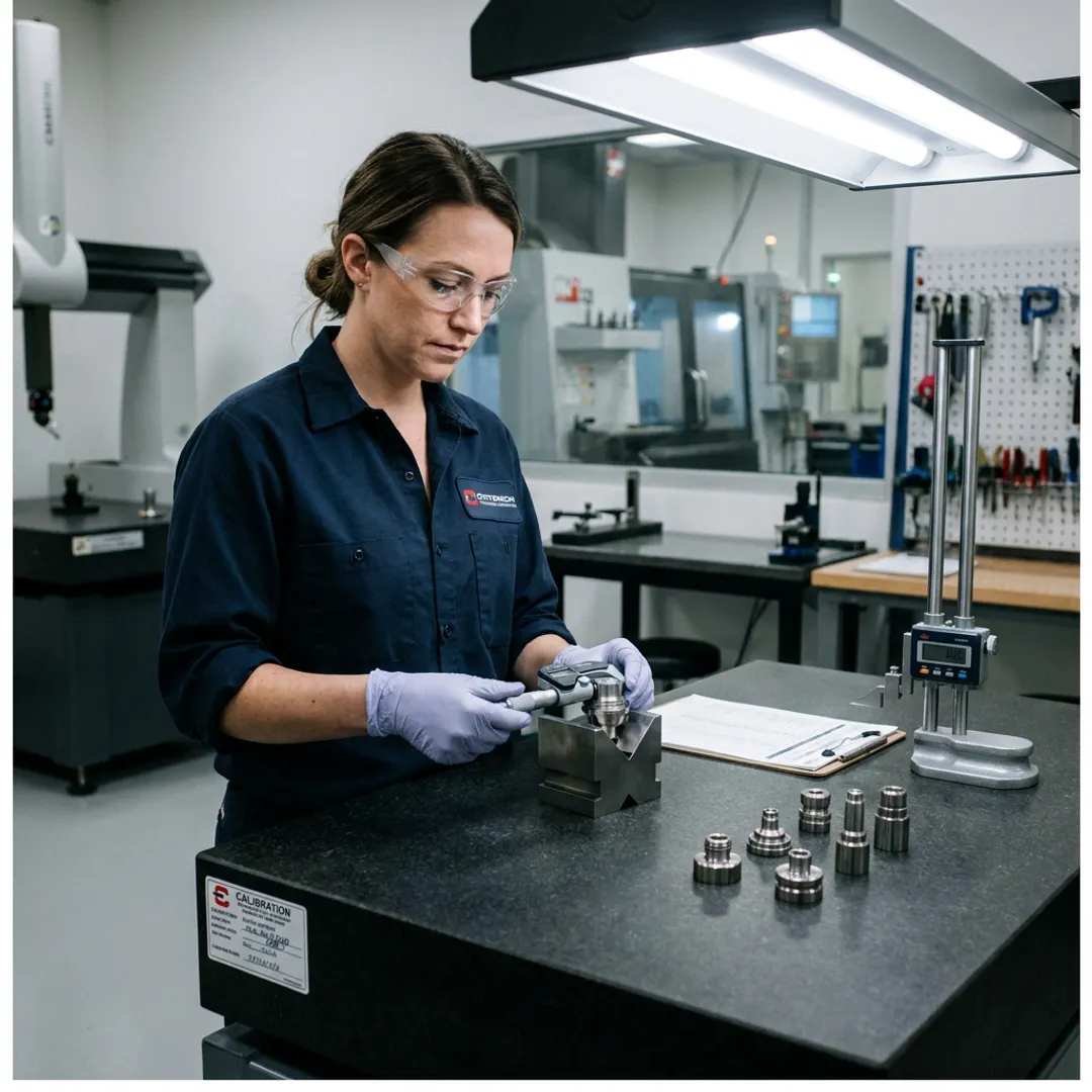 Machinist reviewing precision parts during CNC inspection