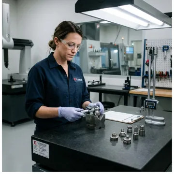 Machinist reviewing precision parts during CNC inspection