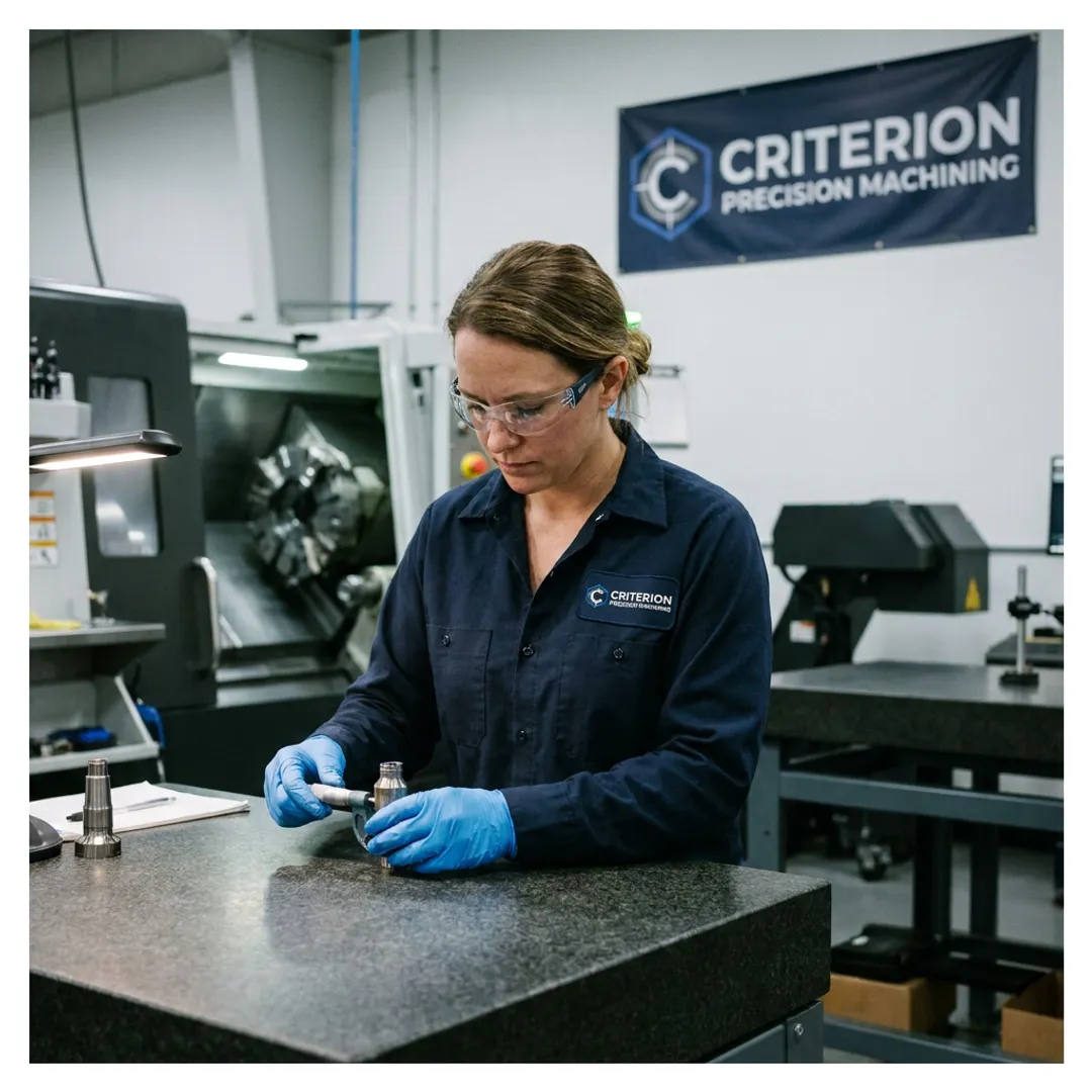 Precision machinist inspecting aerospace component