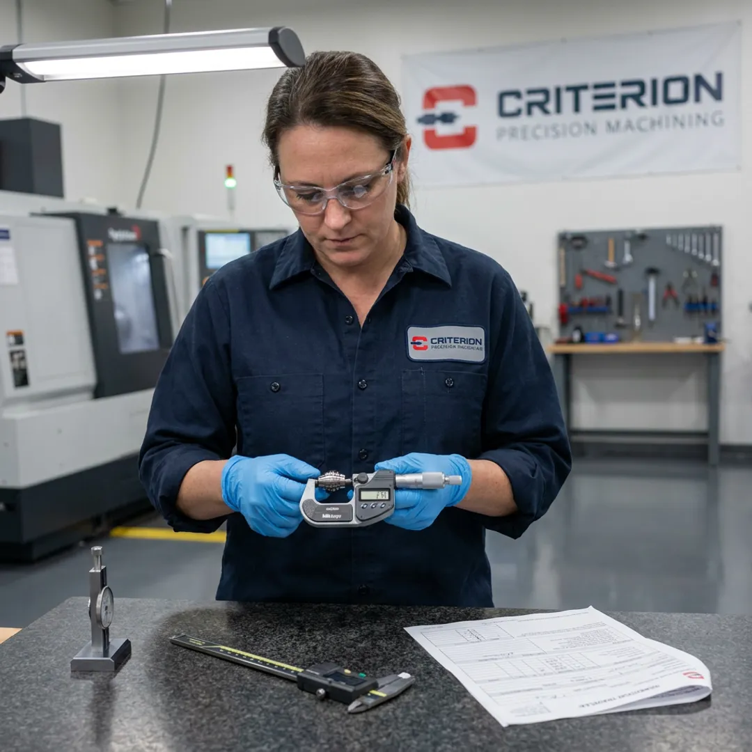 CNC lathe operator inspecting a precision turned metal component
