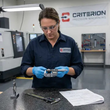 CNC lathe operator inspecting a precision turned metal component