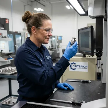 Engineer inspecting machined alloy component