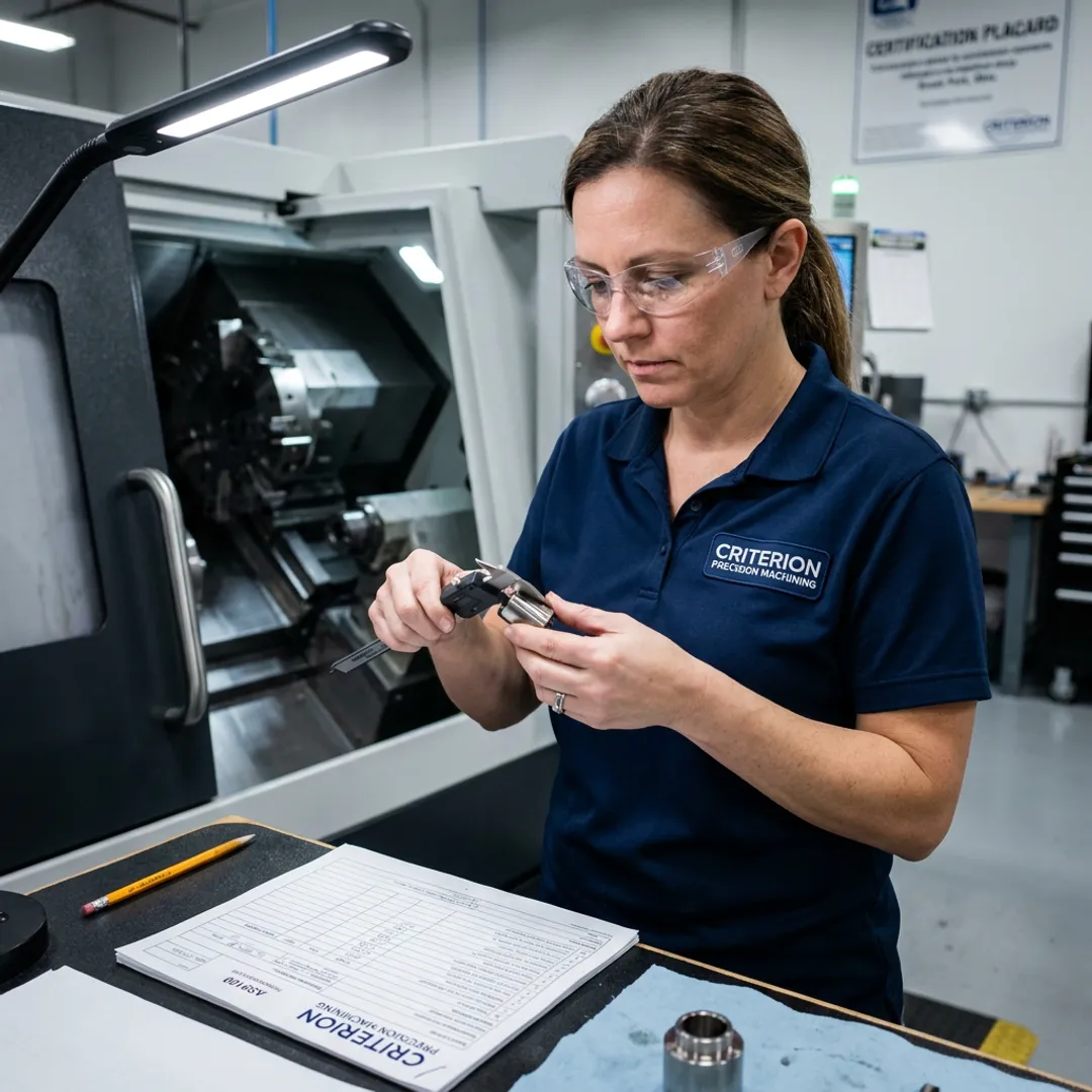 Machinist inspecting precision defense components