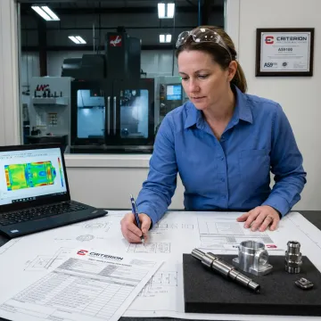 Engineer reviewing machined aerospace parts and inspection reports