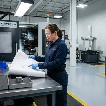 Engineer reviewing optical component drawing near inspection equipment