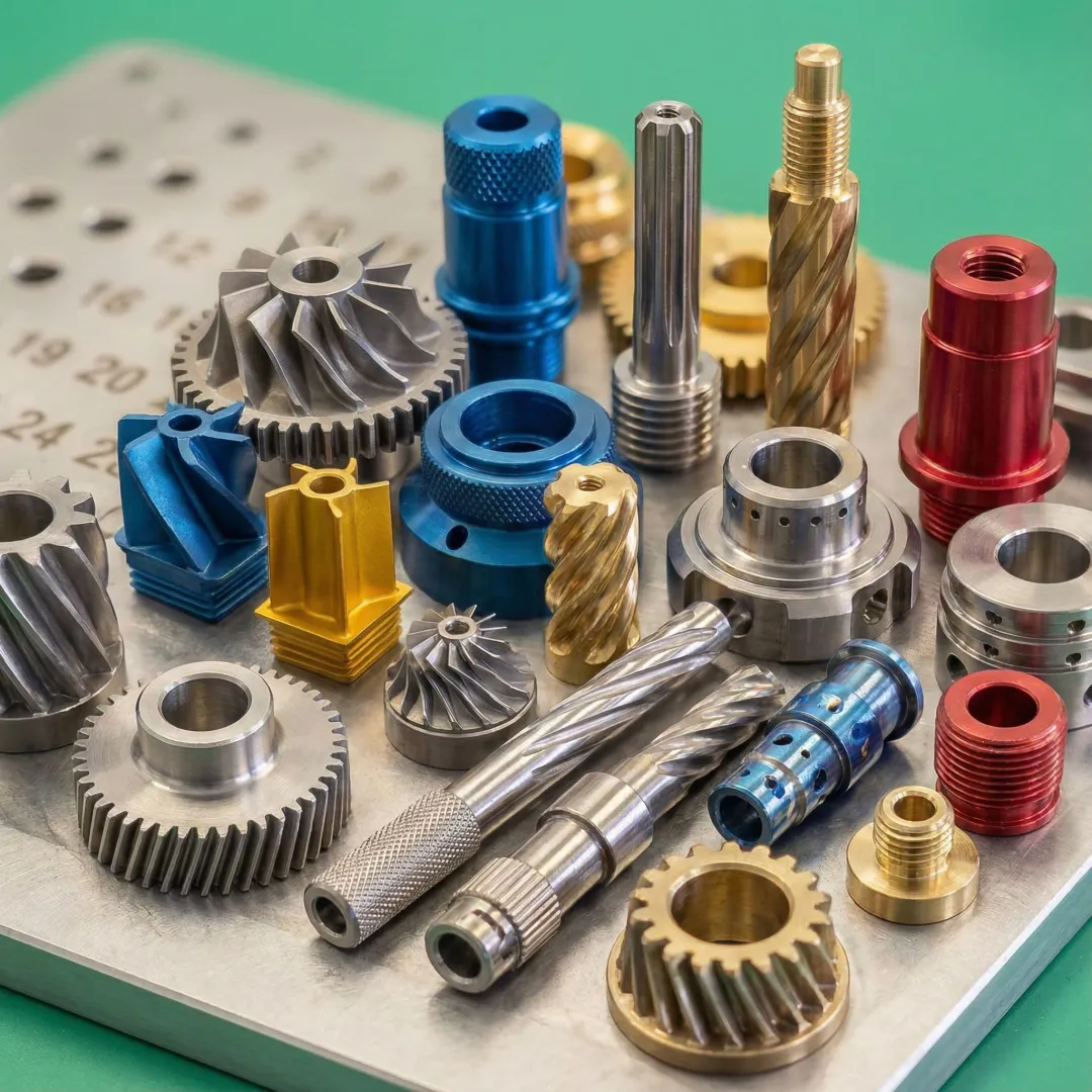 Precision machined custom metal components showing intricate details and smooth finishes