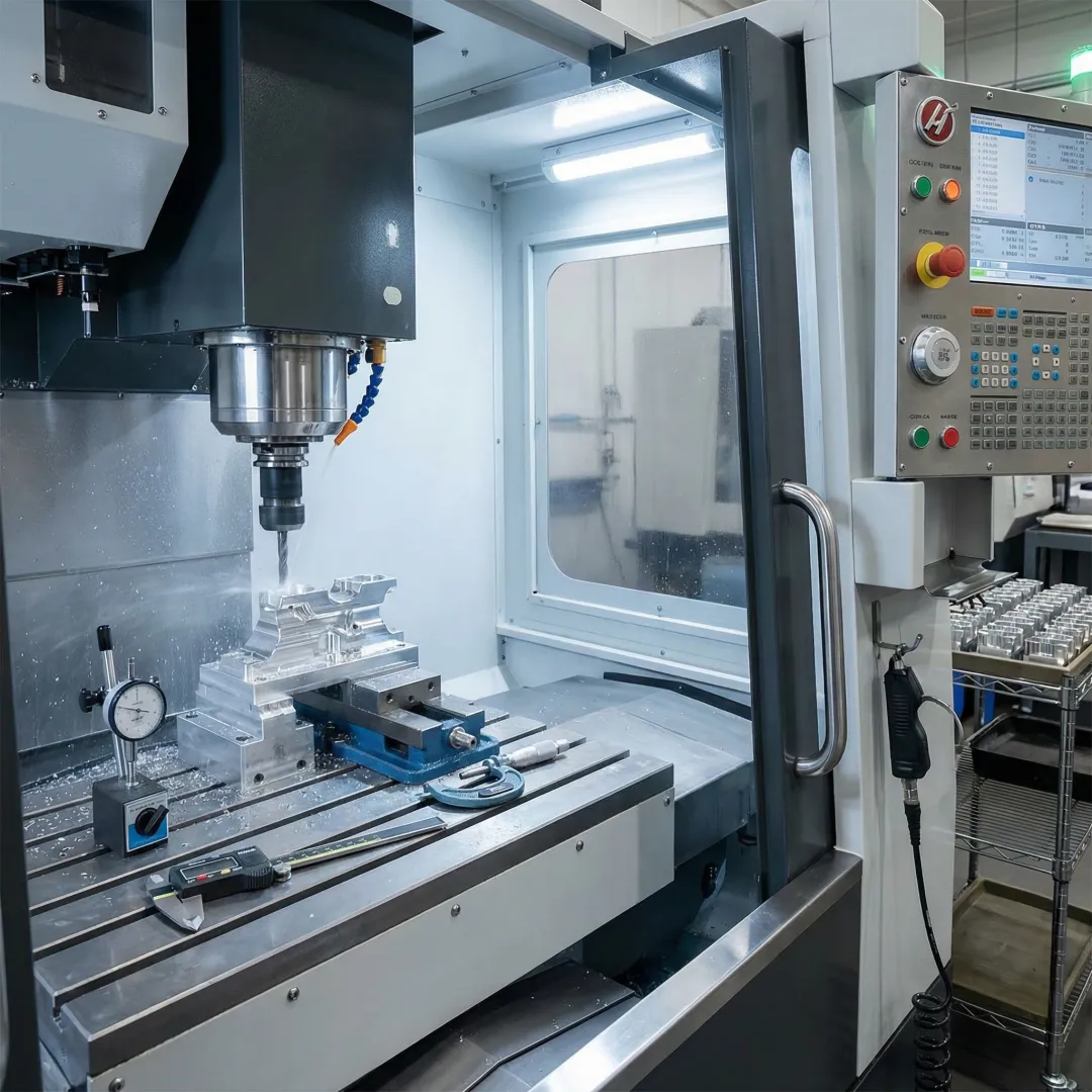 Precision machined prototype components on CNC machine with measuring instruments