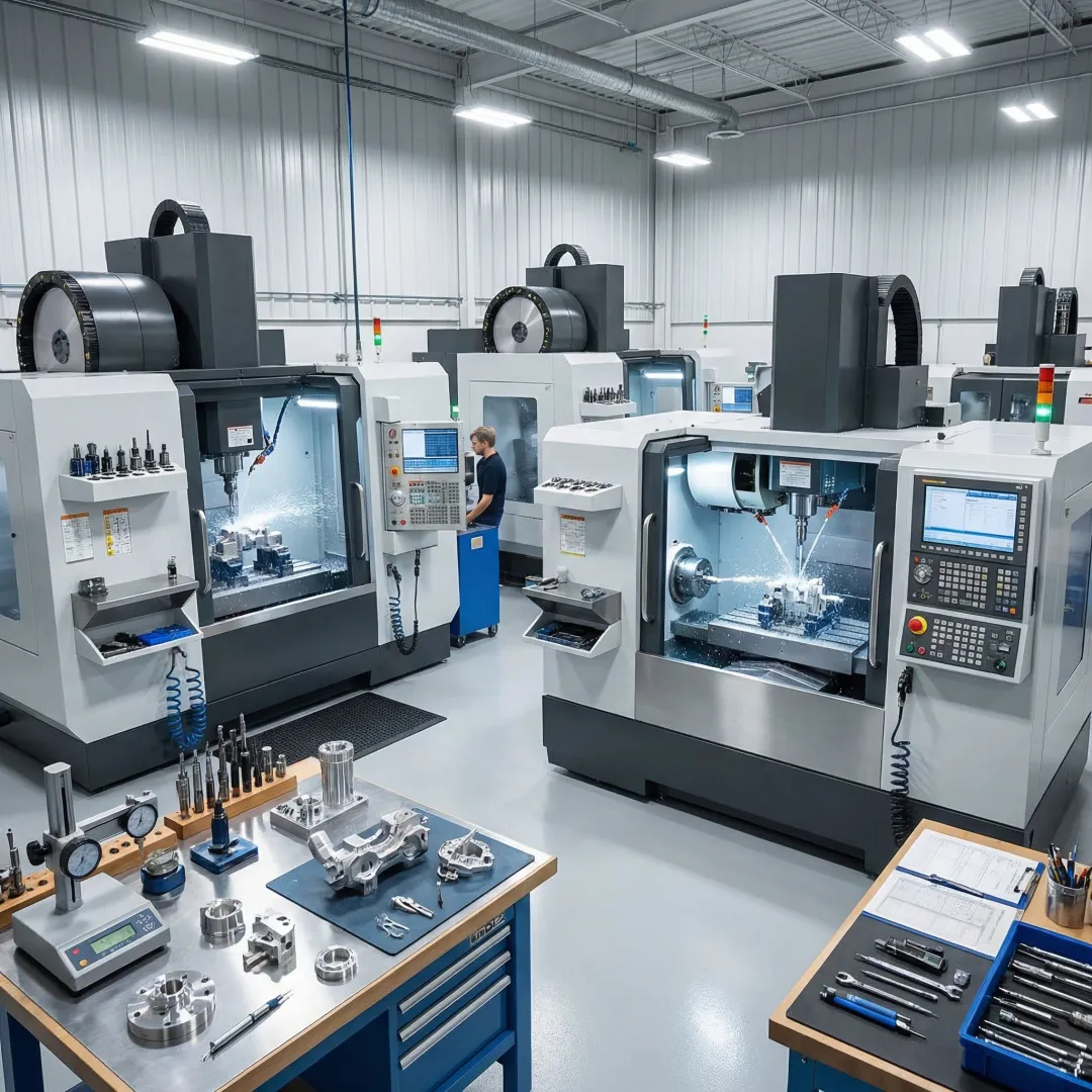 Precision CNC machining equipment producing custom manufactured components