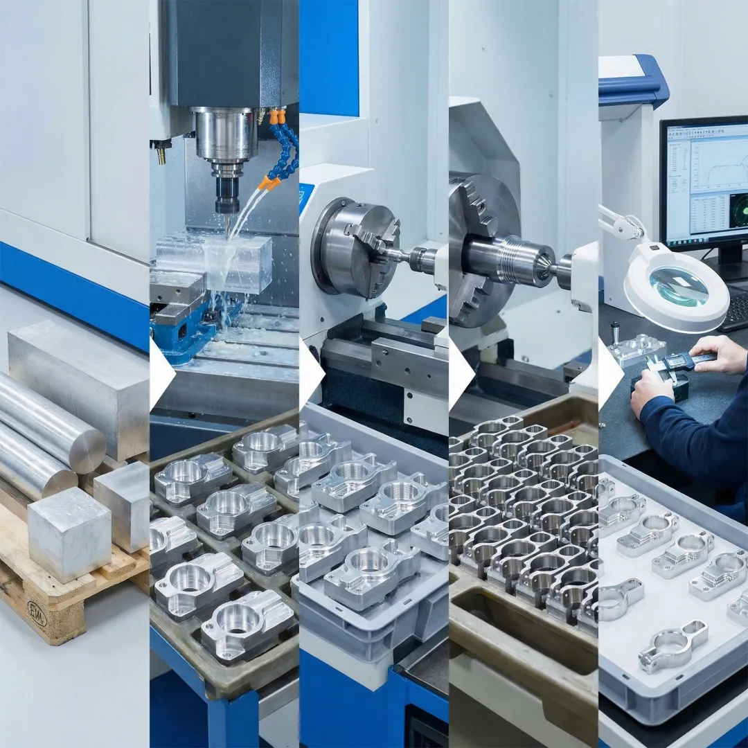 Medical device component manufacturing workflow showing CNC machining and quality inspection