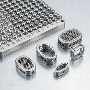Precision-machined spinal implant components on a machining table at Criterion Precision Machining