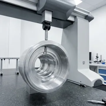 Optical lens housing component with precise machined features under inspection