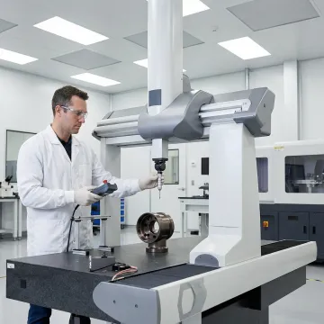 Machinist inspecting a precision night vision component with a CMM machine
