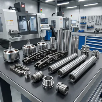 Precision-machined UAV and drone components on a manufacturing workbench