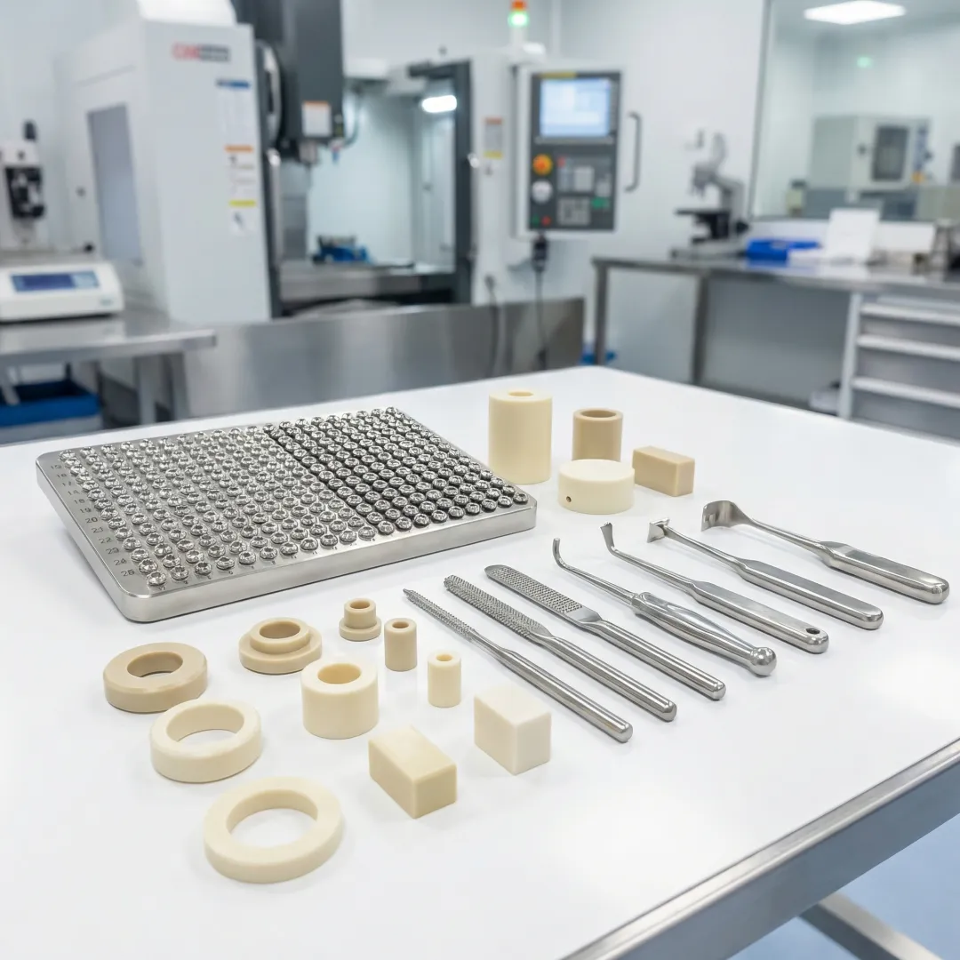 Precision CNC machined PEEK and titanium medical components arranged on an inspection surface