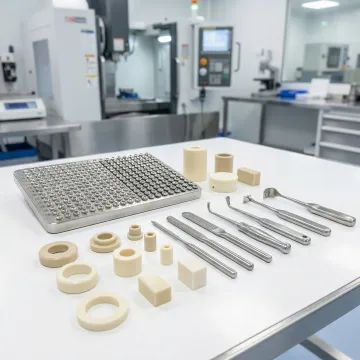 Precision CNC machined PEEK and titanium medical components arranged on an inspection surface