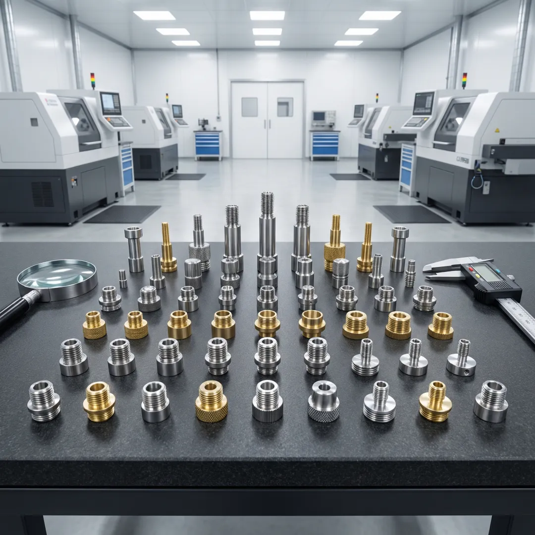Precision Swiss turned micro-components lined up on an inspection surface at a machining facility