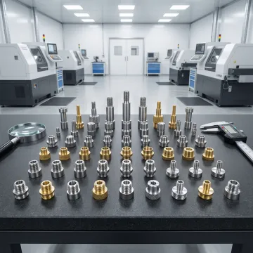 Precision Swiss turned micro-components lined up on an inspection surface at a machining facility