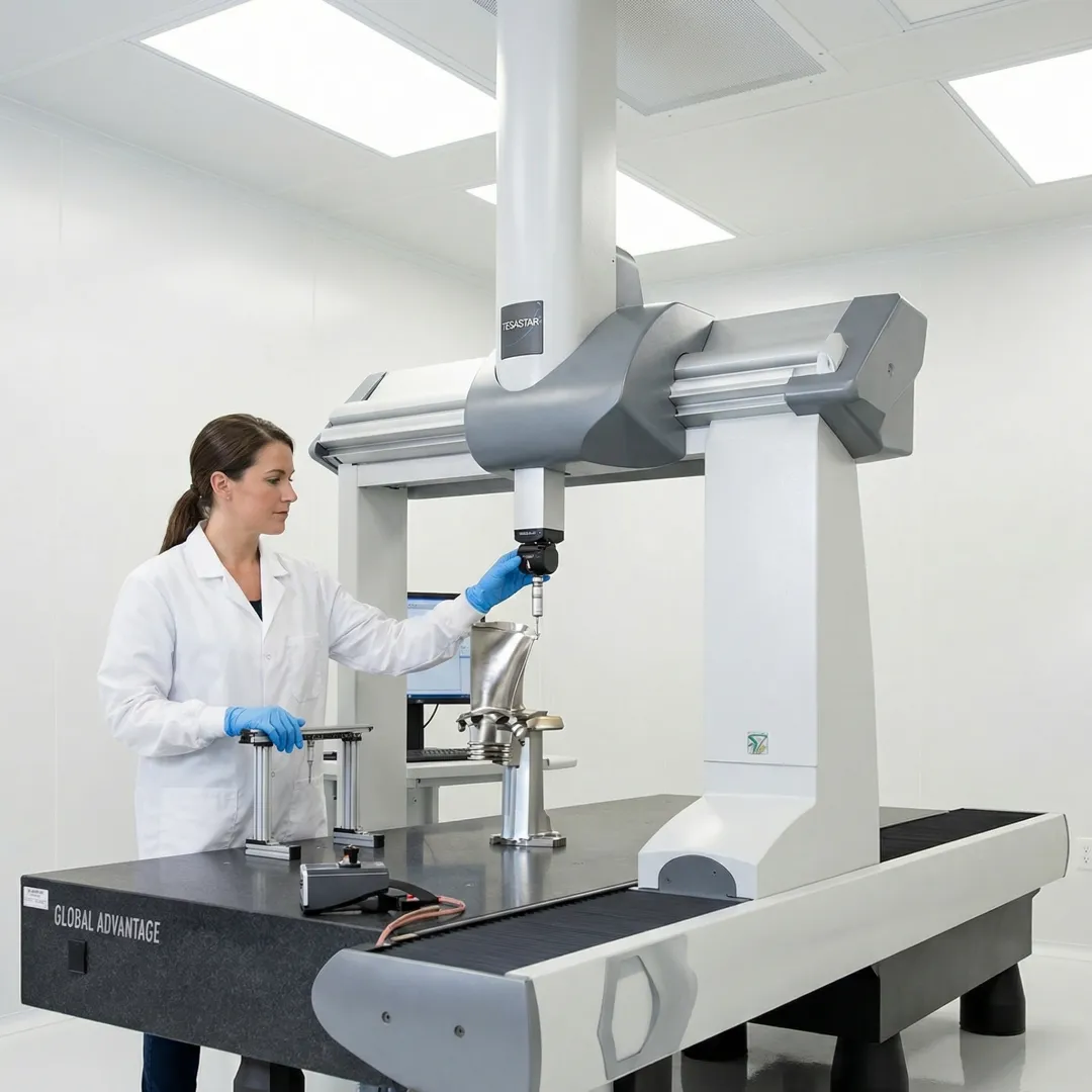 Quality inspector reviewing aerospace CNC machined components with CMM equipment
