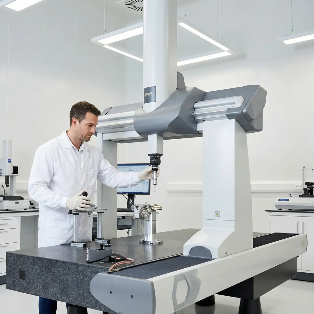 Aerospace technician reviewing precision machined parts with inspection equipment on a workbench