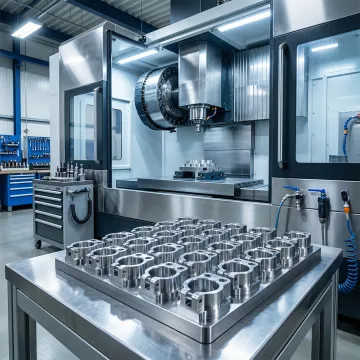 Precision defense components being machined on a CNC multi-axis machine in a professional manufacturing facility