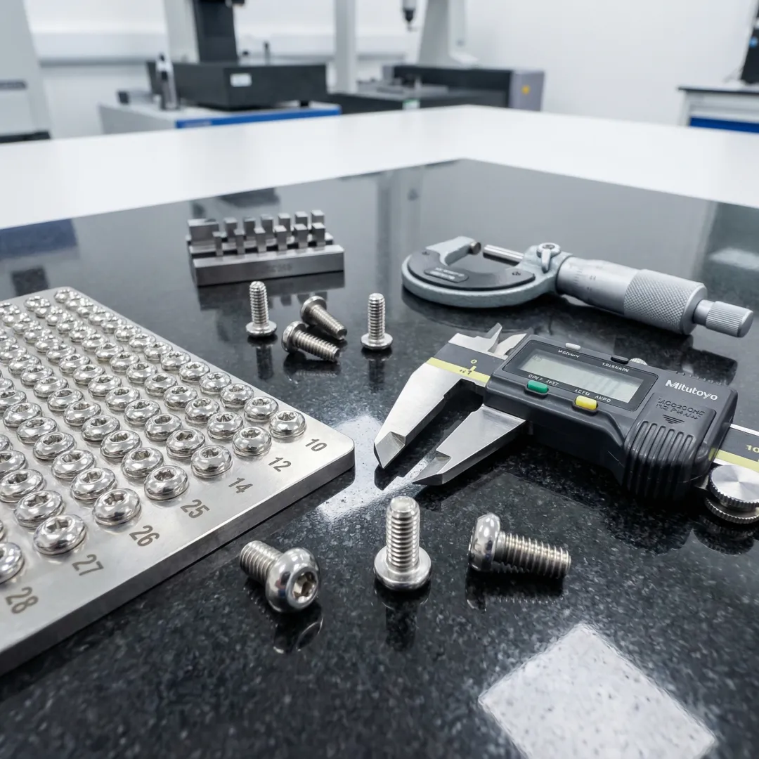 Close-up of precision machined aerospace and medical components with tight tolerances on an inspection surface plate