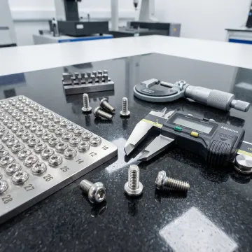 Close-up of precision machined aerospace and medical components with tight tolerances on an inspection surface plate