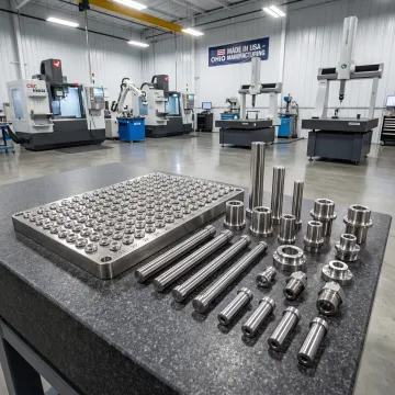 Precision machined metal components on inspection surface plate at Ohio CNC facility