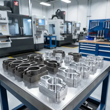 Aerospace precision machined components produced by CNC milling and turning equipment in a clean manufacturing facility.