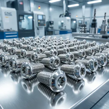 Precision-machined titanium bone screws and implant screws on a clean machining surface